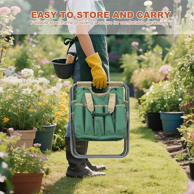 MDSTOP Folding Gardening Stool with Detachable Storage Tote Bag, Gardening To...