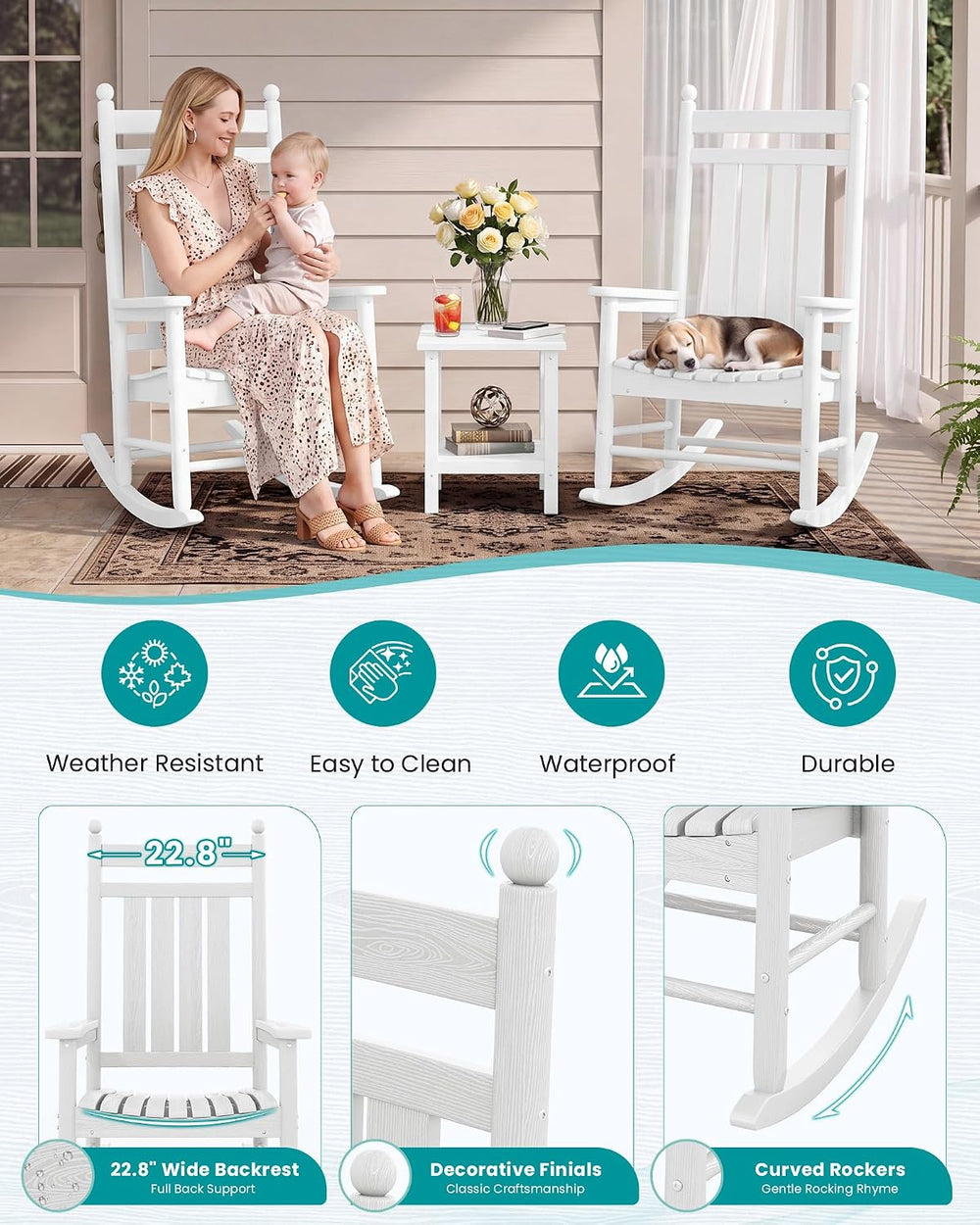 SERWALL Rocking Chair Outdoor, Comfortable Rocker for Adults, White