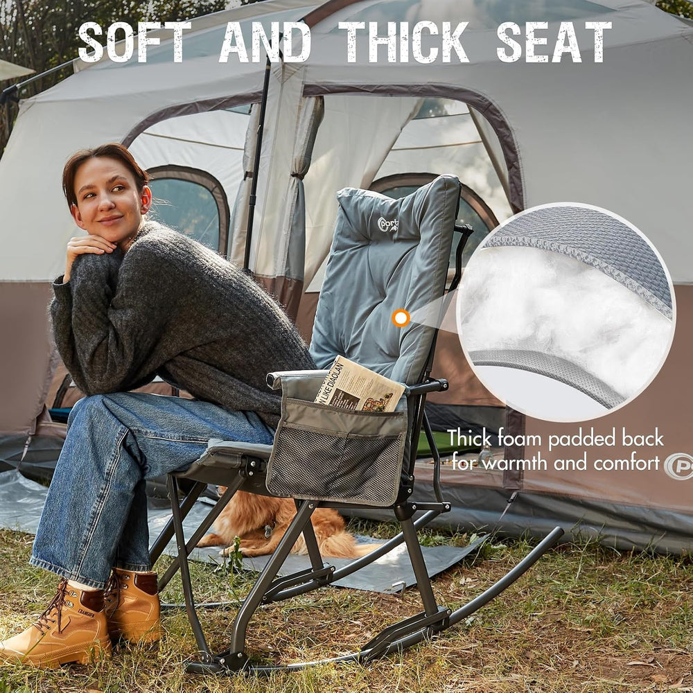 Portal Oversized Padded Folding Rocking Camping Chair Outdoor 400 LBS Gray