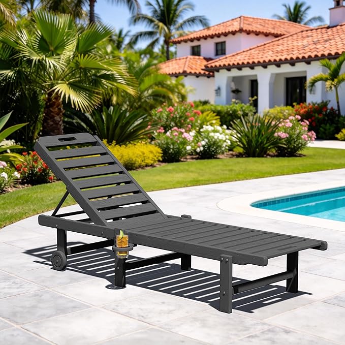 SERWALL Outdoor Chaise Lounge Chair, HDPE Patio Lounge Chair with Cup Holder,...