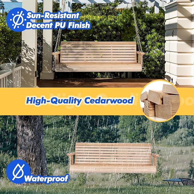 VINGLI Upgraded Patio Wooden Porch Swing for Courtyard & Garden, Heavy Du...