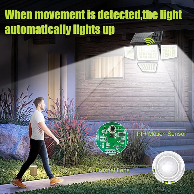 3000LM Solar Lights Outdoor with Motion Sensor,4 Head 270° Wide Angle Street ...