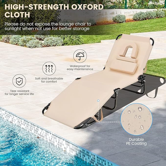GYMAX Tanning Chair, 350lbs Beach Lounge Chair with Face Hole, Detachable Was...