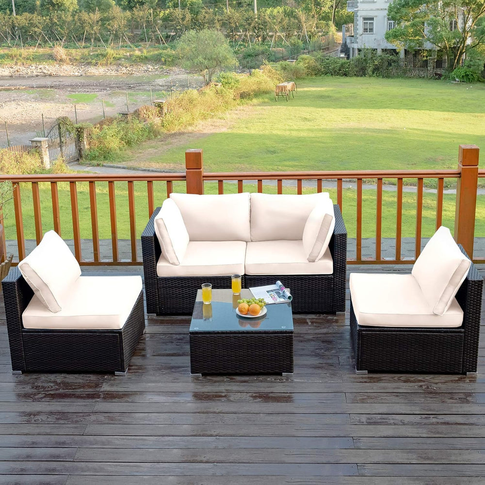 Tangkula 5 Pieces Patio Furniture Set, All Weather Wicker L-Shaped Corner Sof...