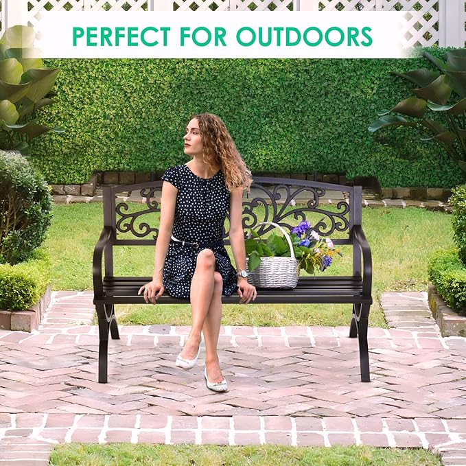 FDW Outdoor 50 Inches Garden Bench, Slatted Seat Armrests Floral Design Backr...