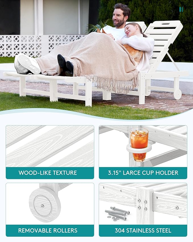SERWALL Outdoor Chaise Lounge Chair, Pool Lounge Chair with 5 Positions Adjus...
