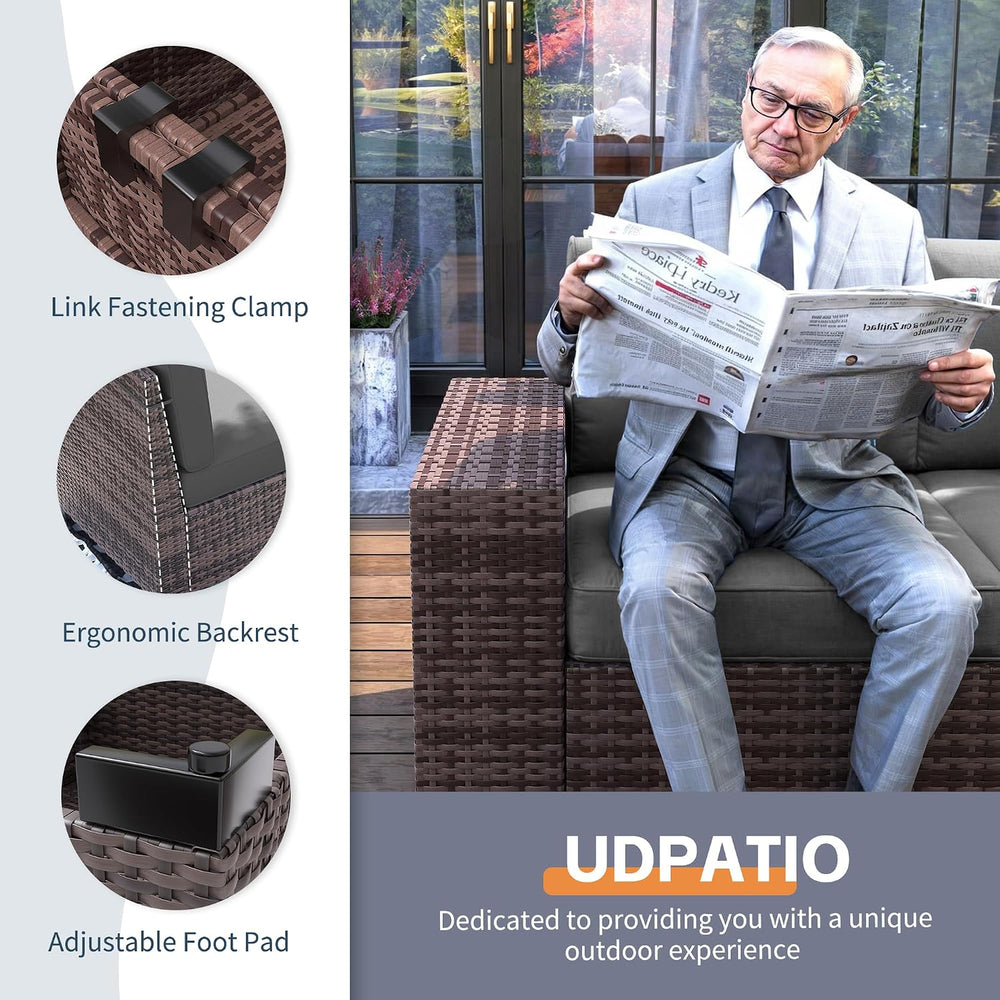 UDPATIO Outdoor Patio Furniture Set, Wicker Sectional Sofa, 8" Wide Armrest