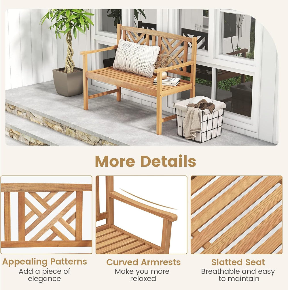 Tangkula Patio Acacia Wood Bench, 2-Person Outdoor Loveseat Chair, Cozy Armre...