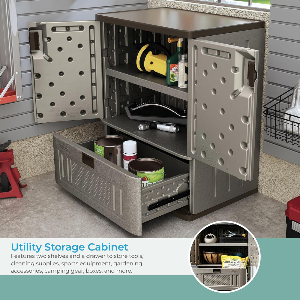 Suncast Base Storage Cabinet, Lockable Single-Drawer Organizer, Platinum