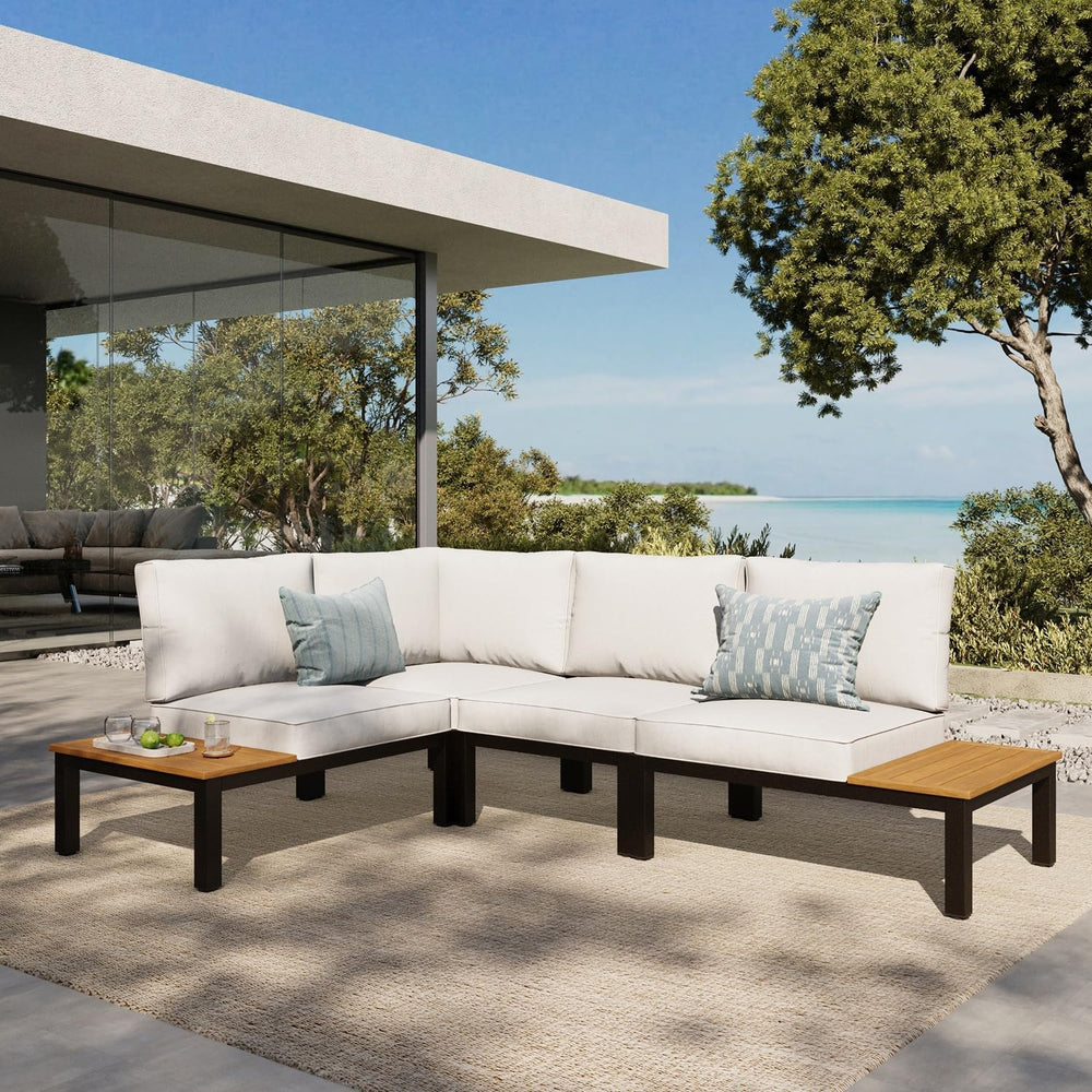 MFSTUDIO 4 Pieces Metal L-Shaped Outdoor Sectional with Cushion,