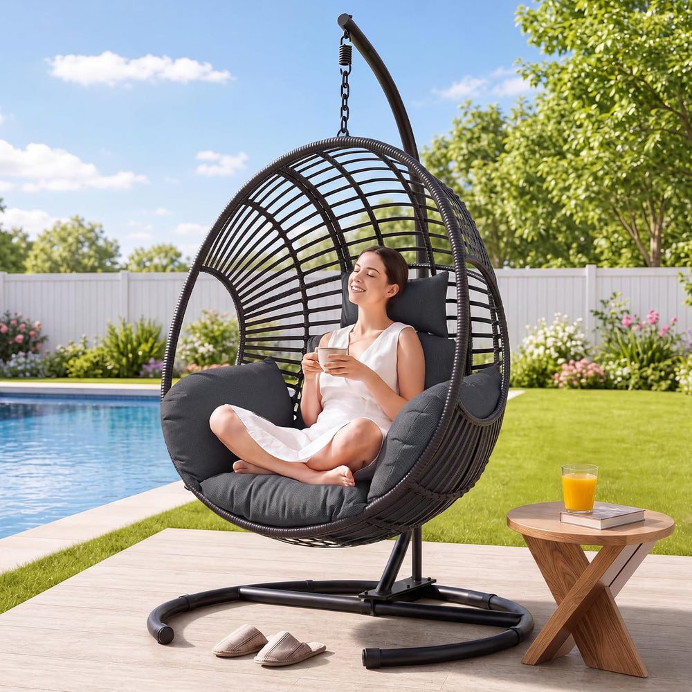 Oversized Hanging Egg Chair with Stand Outdoor Wicker Swing Chair Comfy Hammo...