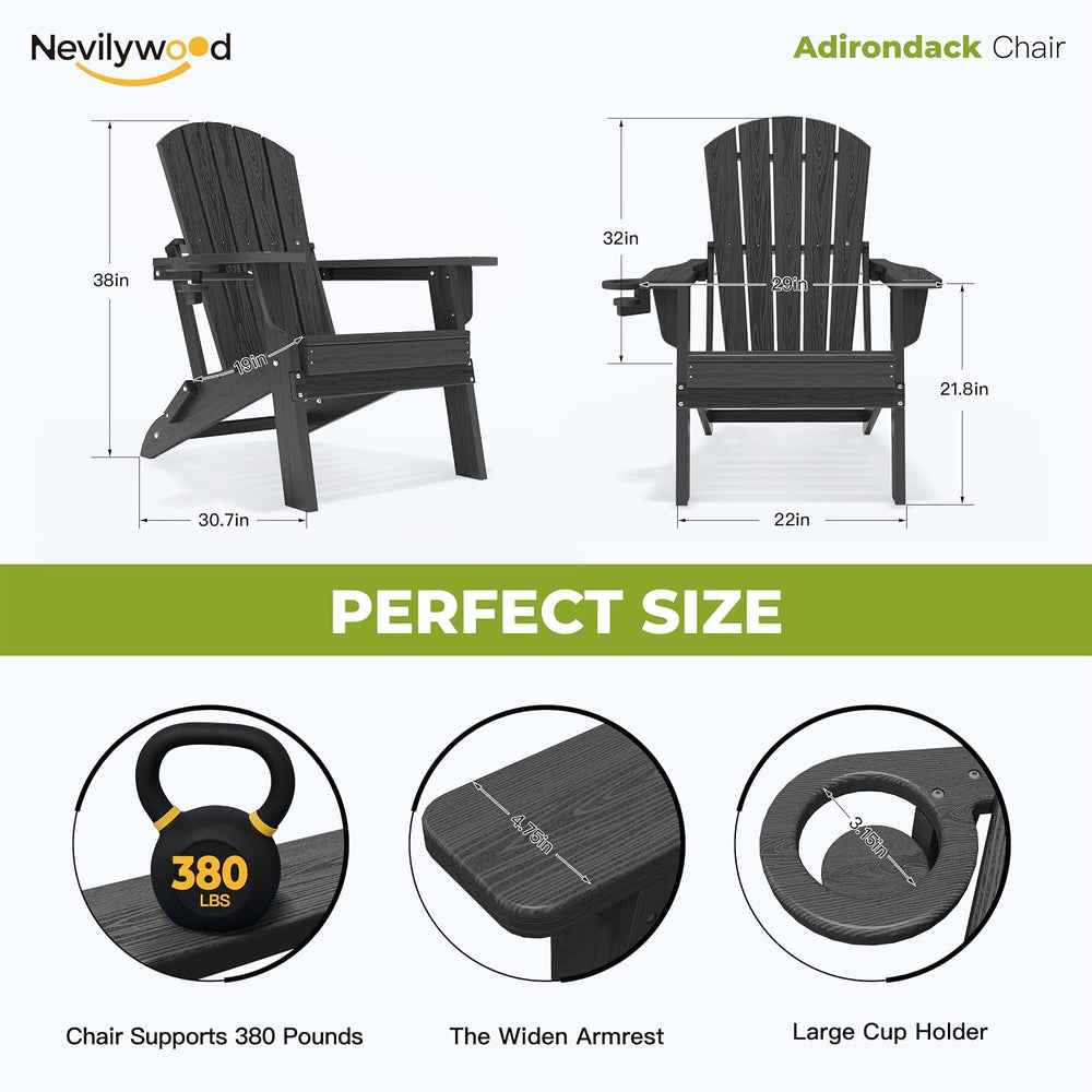 NevilyWood Adirondack Chair, HDPE Folding Outdoor Chair, Black