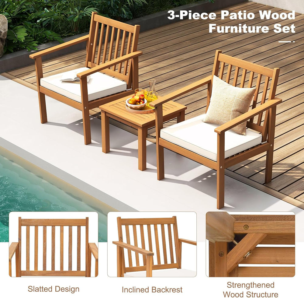 Tangkula 3 Pieces Patio Wood Furniture Set, Acacia Wood Chairs and Coffee Tab...