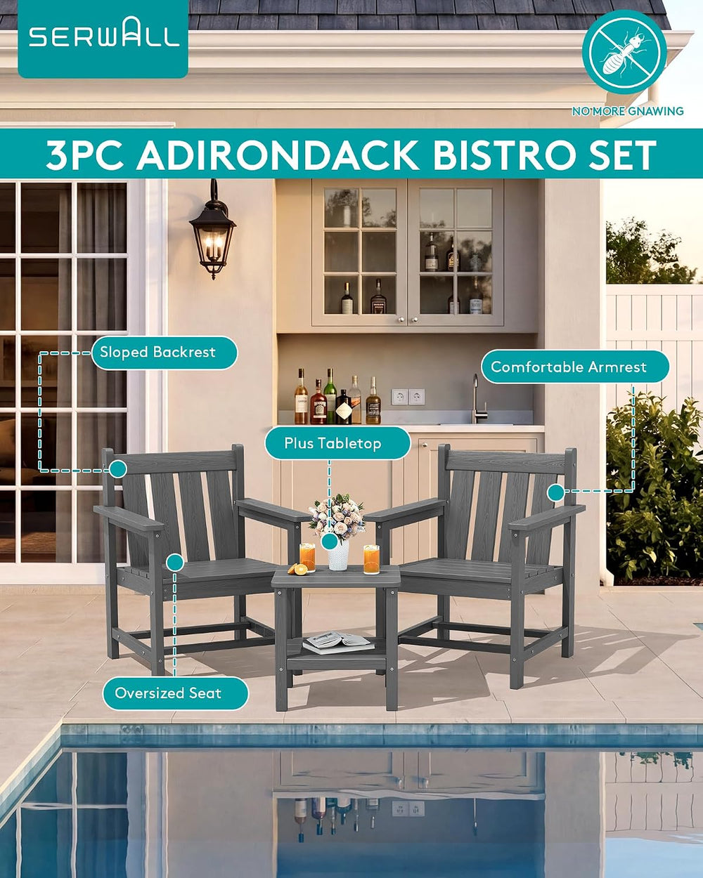 SERWALL 3 Pieces Patio Bistro Set-Outdoor Chairs with Side Table,Gray