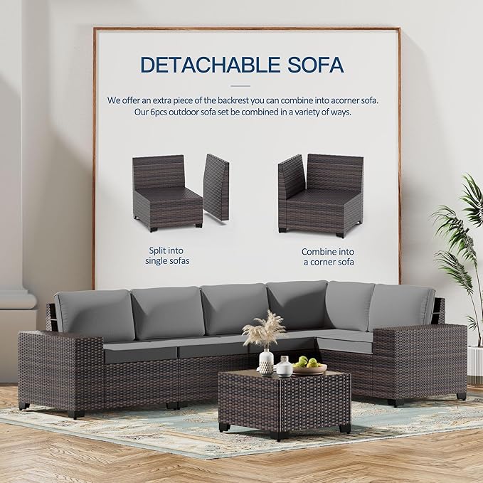 Kullavik 6PCS Outdoor Patio Furniture Set PE Wicker Rattan Sectional Sofa Pat...