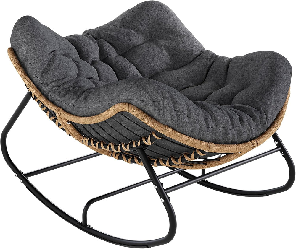 SWITTE Papasan Rocking Chair, Outdoor Wicker Egg Rocker with Cushion, Grey