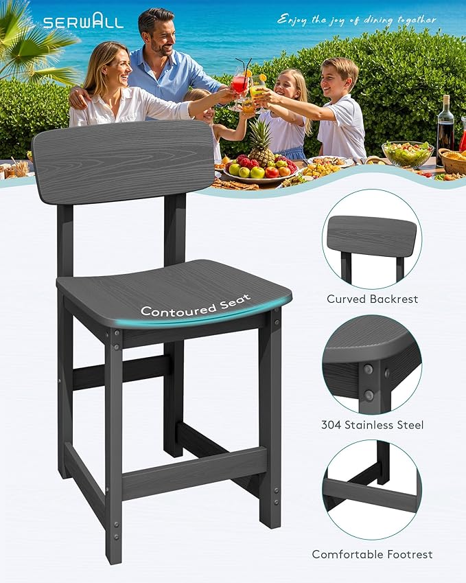 SERWALL 3-Piece Outdoor Counter Height Bar Set, HDPE Patio Bar Table with Win...