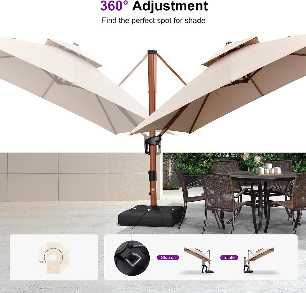 PURPLE LEAF Cantilever Umbrella with Base 9'X9' Wood-Grain Finish, Beige