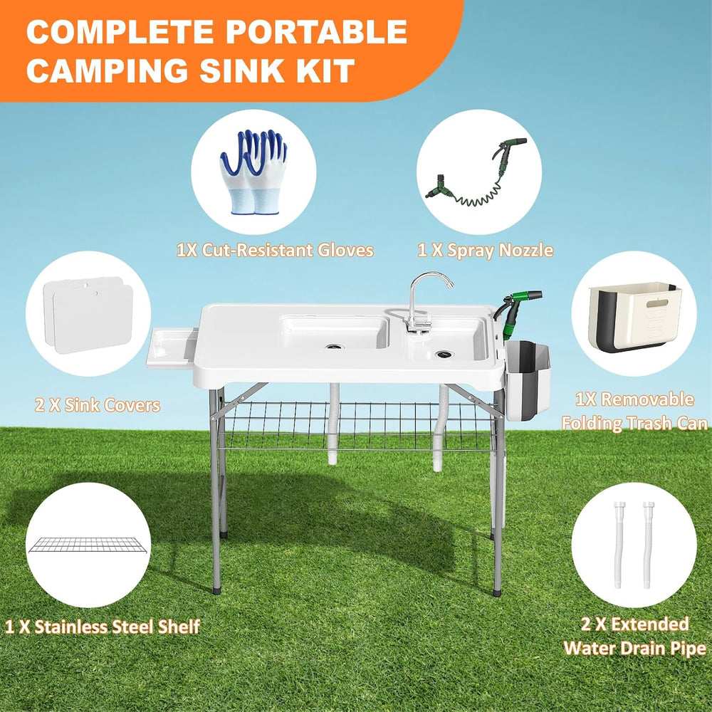 Folding Fish Cleaning Table with 2 Sinks, 42.5'' Portable Camping Sin...