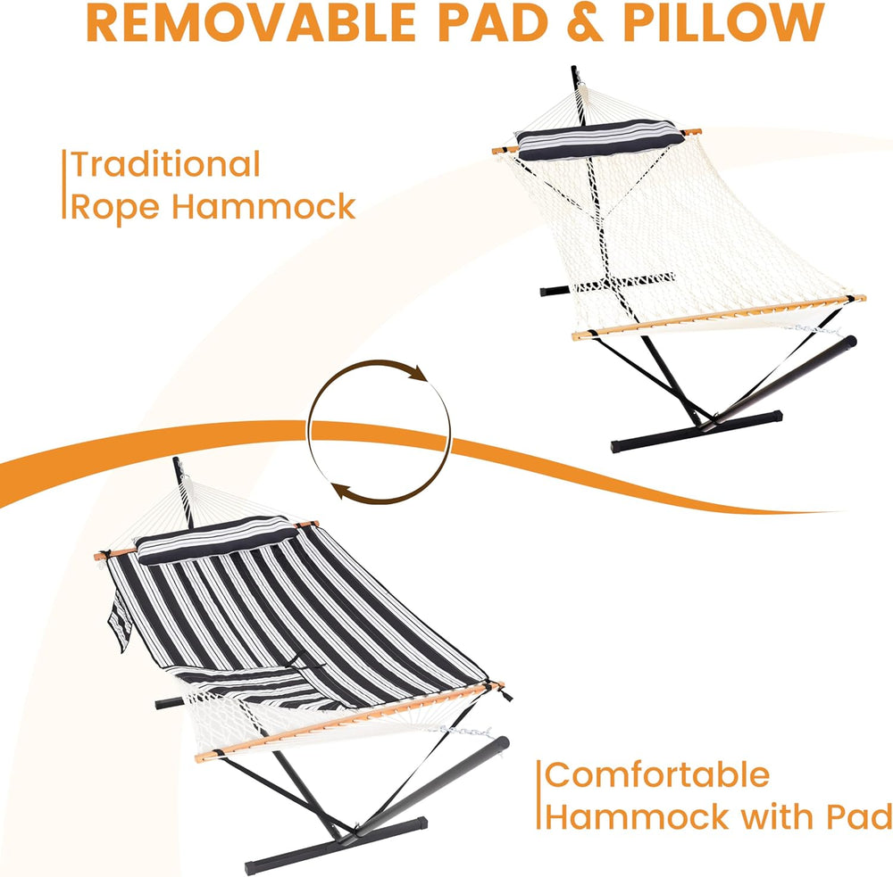 Lazy Daze Rope Hammock with Stand and Pad for Outside, Black White