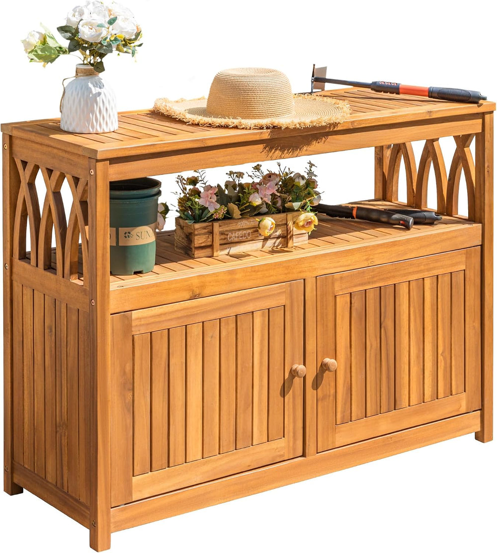 Devoko Acacia Wood Outdoor Storage Cabinet,Waterproof Potting Table, Brown