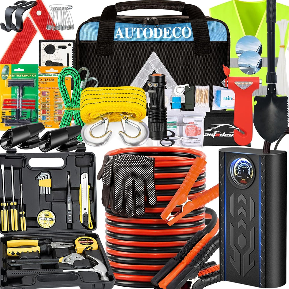 105 PCS Roadside Car Emergency Assistance Kit with Portable Air Compressor Ju...