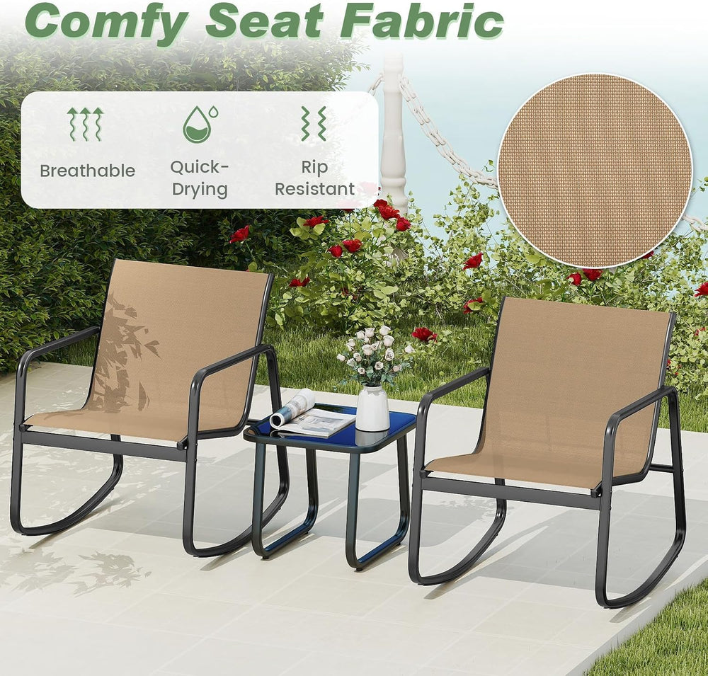 HAPPYGRILL 3 Pieces Patio Rocking Bistro Set with Glass-Top Table, Rocking Bi...