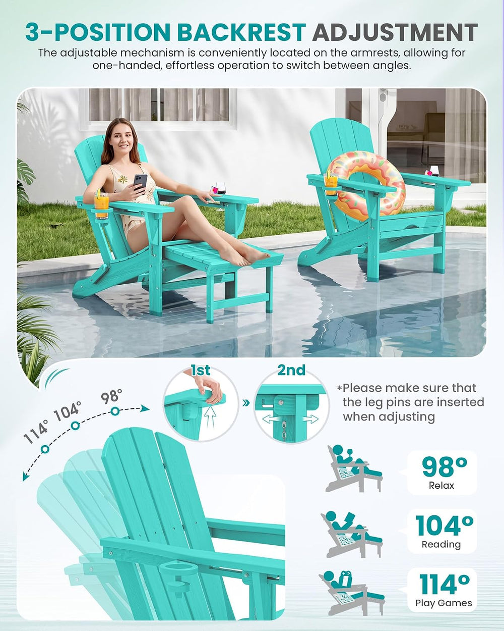 SERWALL HDPE Folding Adjustable Adirondack Chair with Footrest, Aruba