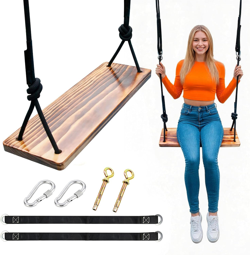 Carbonized Wooden Tree Swing with Adjustable Climbing Rope & Tree Straps