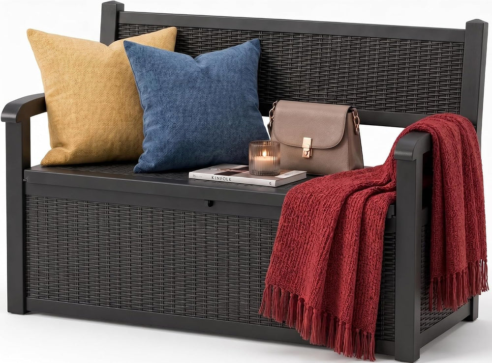 EFU Outdoor Bench Storage Deck Box,120 Gallon Waterproof Wicker