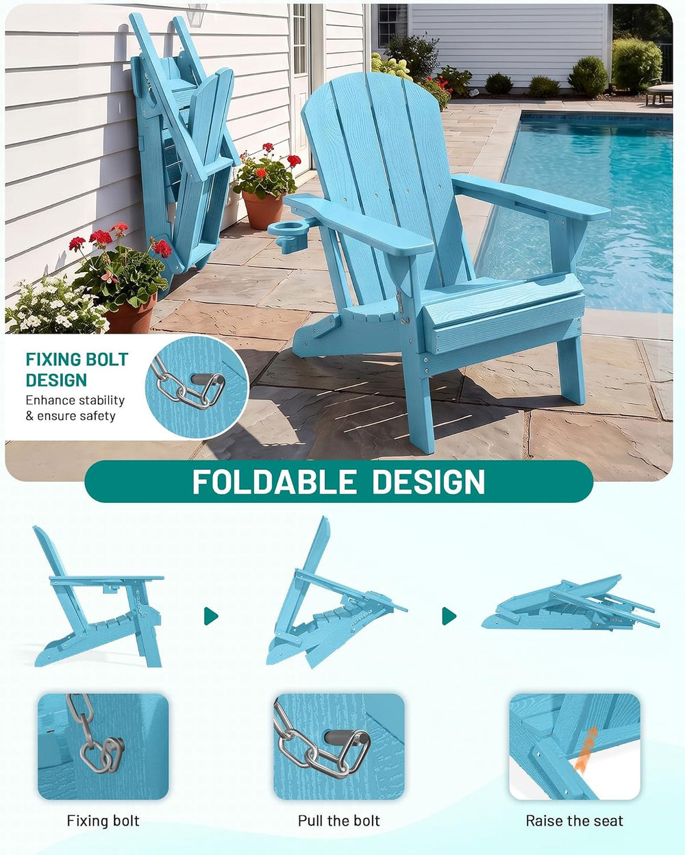 PLUUV Folding Adirondack Chair, HDPE Fire Pit Chair with Cup Holder, Aruba