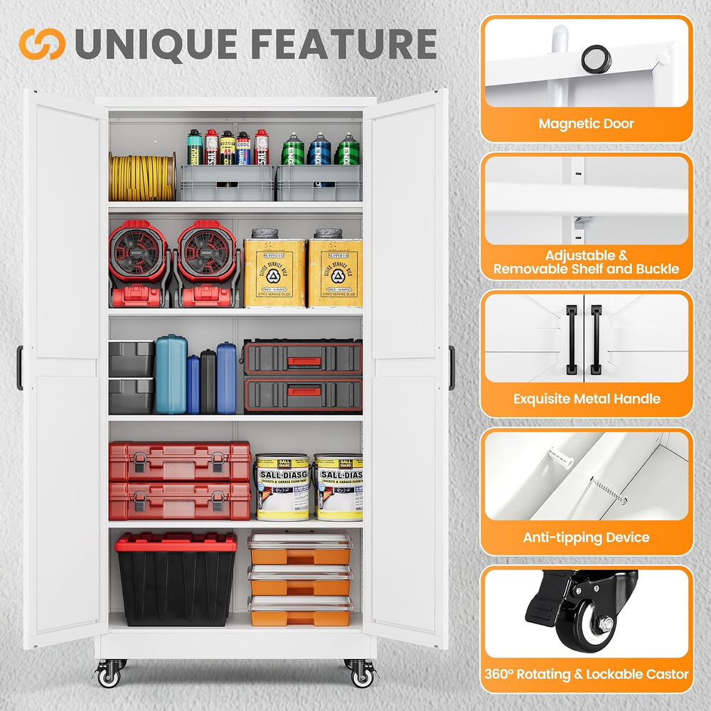 72" Tall Wheeled Garage Storage Cabinet, Rolling White Tool Cabinets.