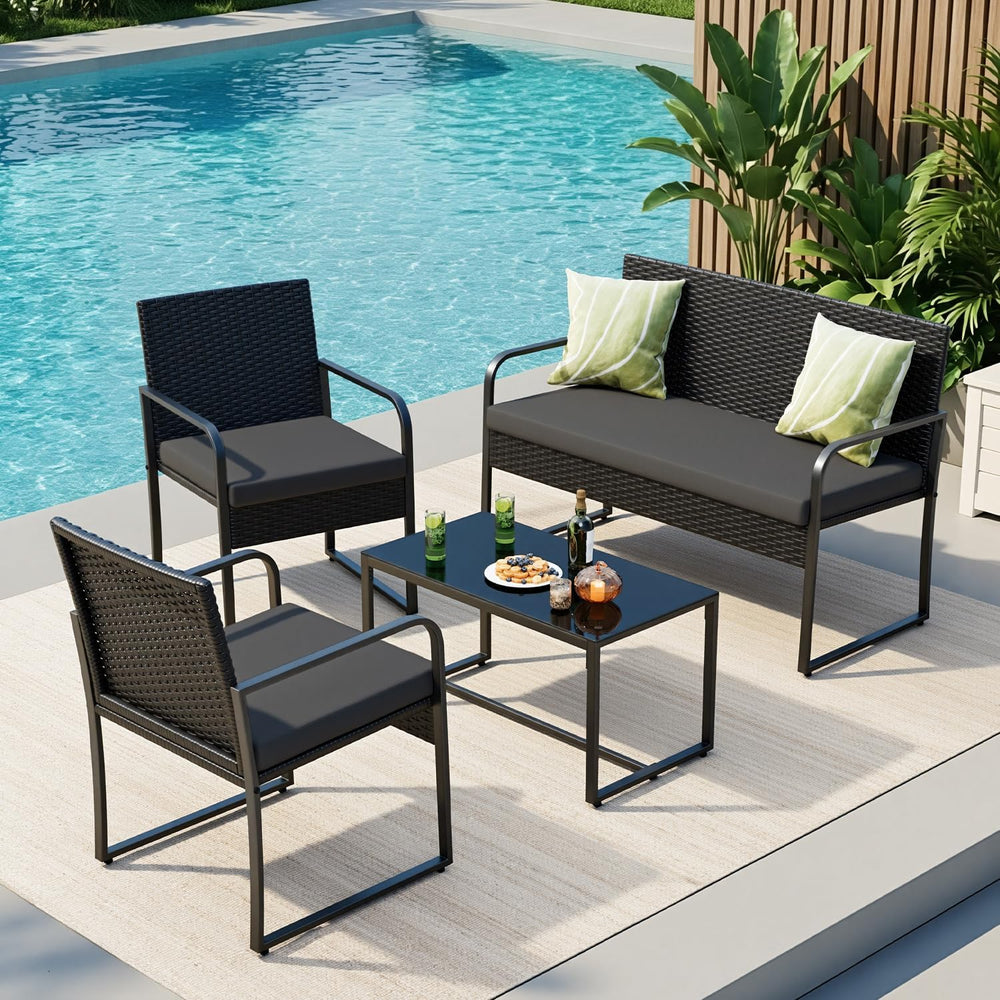 Gizoon Black Wicker Conversation Set with Glass Coffee Table