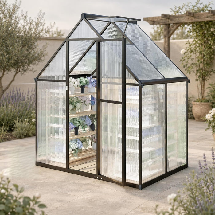 6x4 FT Greenhouse with Polycarbonate Panels Vent, Dark Gray