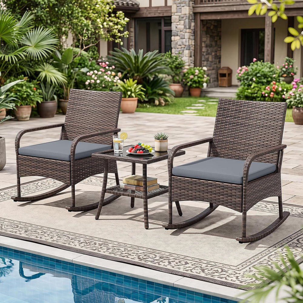 Tangkula 3-Piece Outdoor Wicker Rocking Bistro Set with 2-Tier Coffee Table