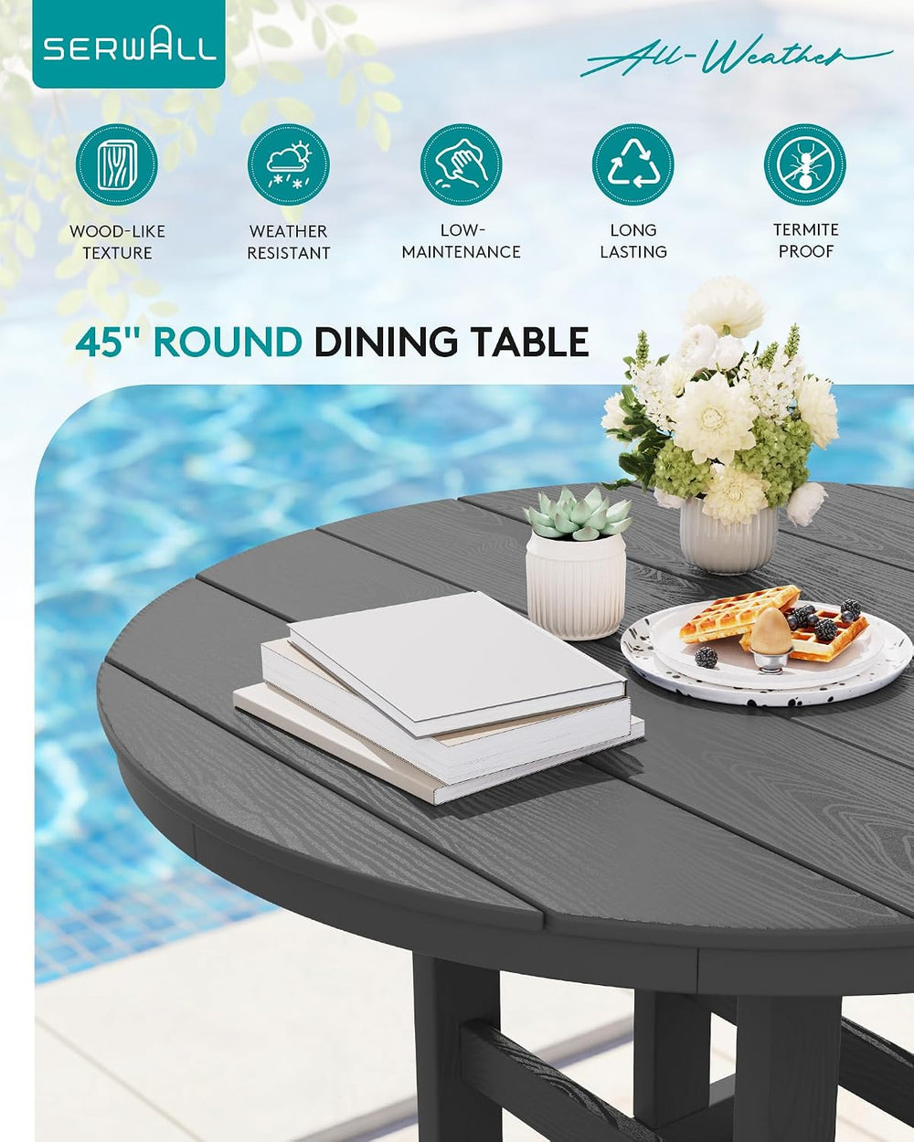 SERWALL 5-Piece Patio Dining Set, 45" Table & 4 Armless Chairs, Grey