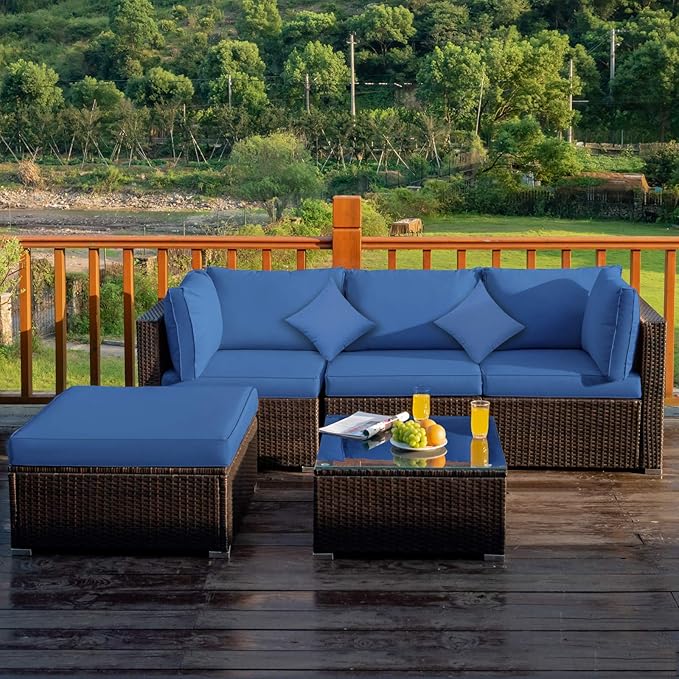 Tangkula 5 Pieces Patio Rattan Furniture Set, Outdoor Sectional Rattan Sofa S...