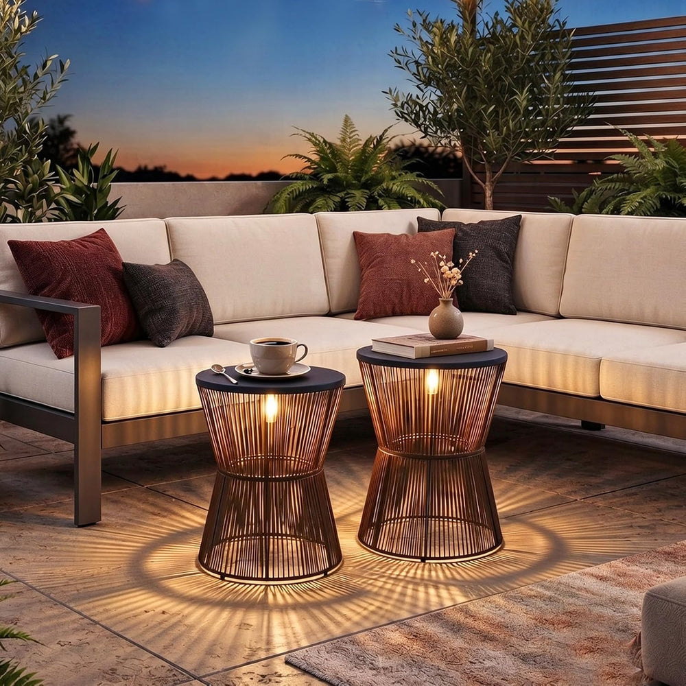 Farmhouse Solar Outdoor Side Table with Light, Poolside End Table Set of 2