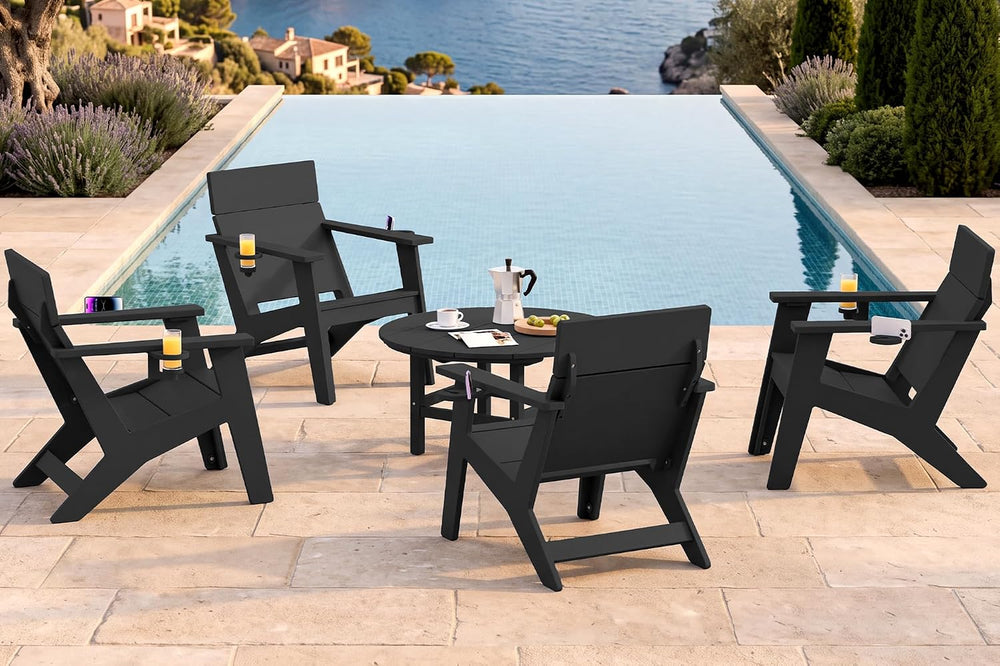 SERWALL Modern Adirondack Chair Tall Lounge Chair with Cup Holder, Black