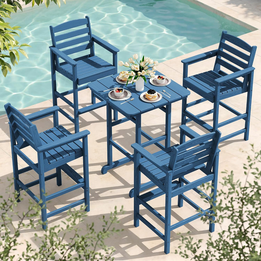 SERWALL 5 Pcs HDPE Bar Height Adirondack Chairs and Bar Table Set, Blue