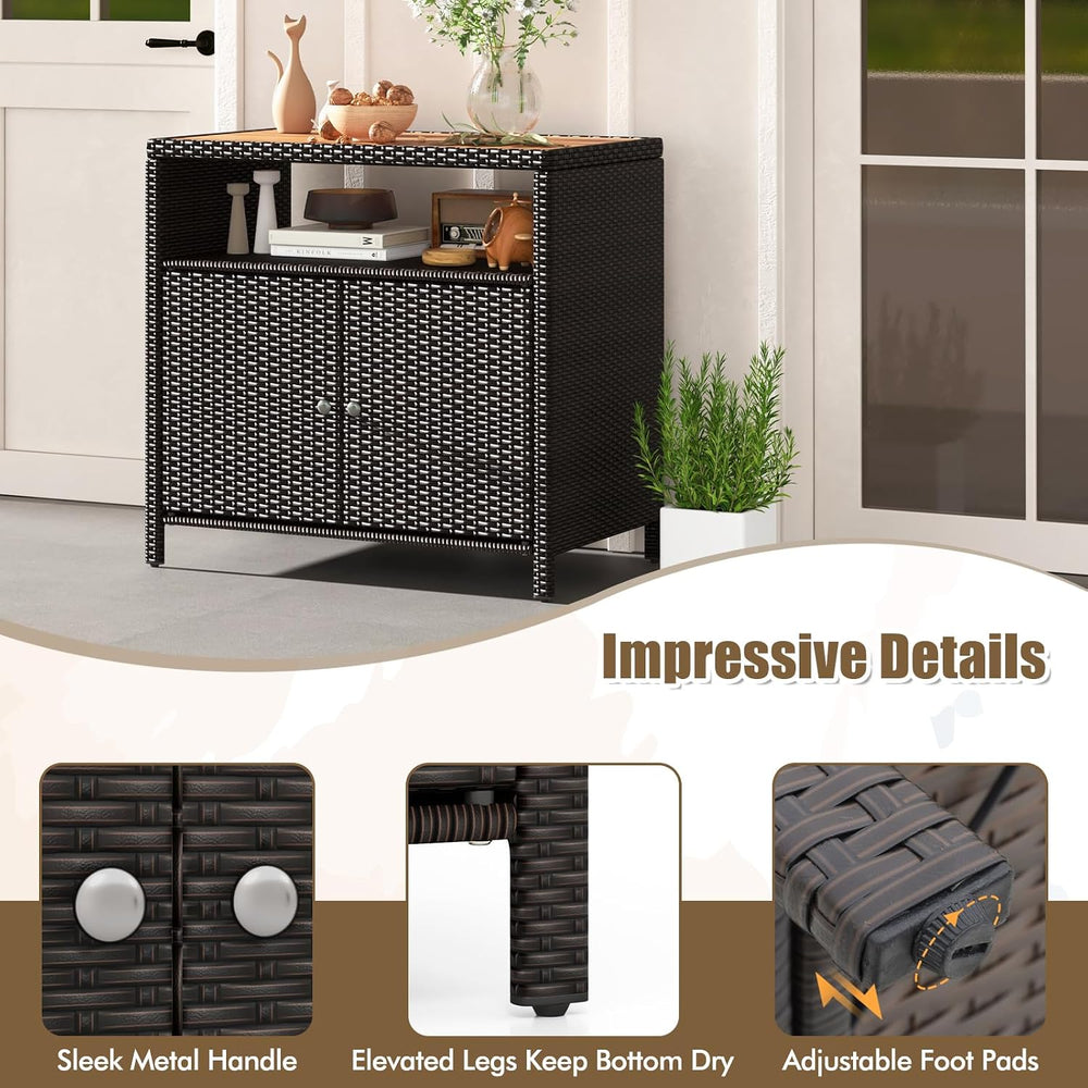 Rattan Storage Cabinet, Outdoor & Indoor Sideboards with Acacia Wood Coun...