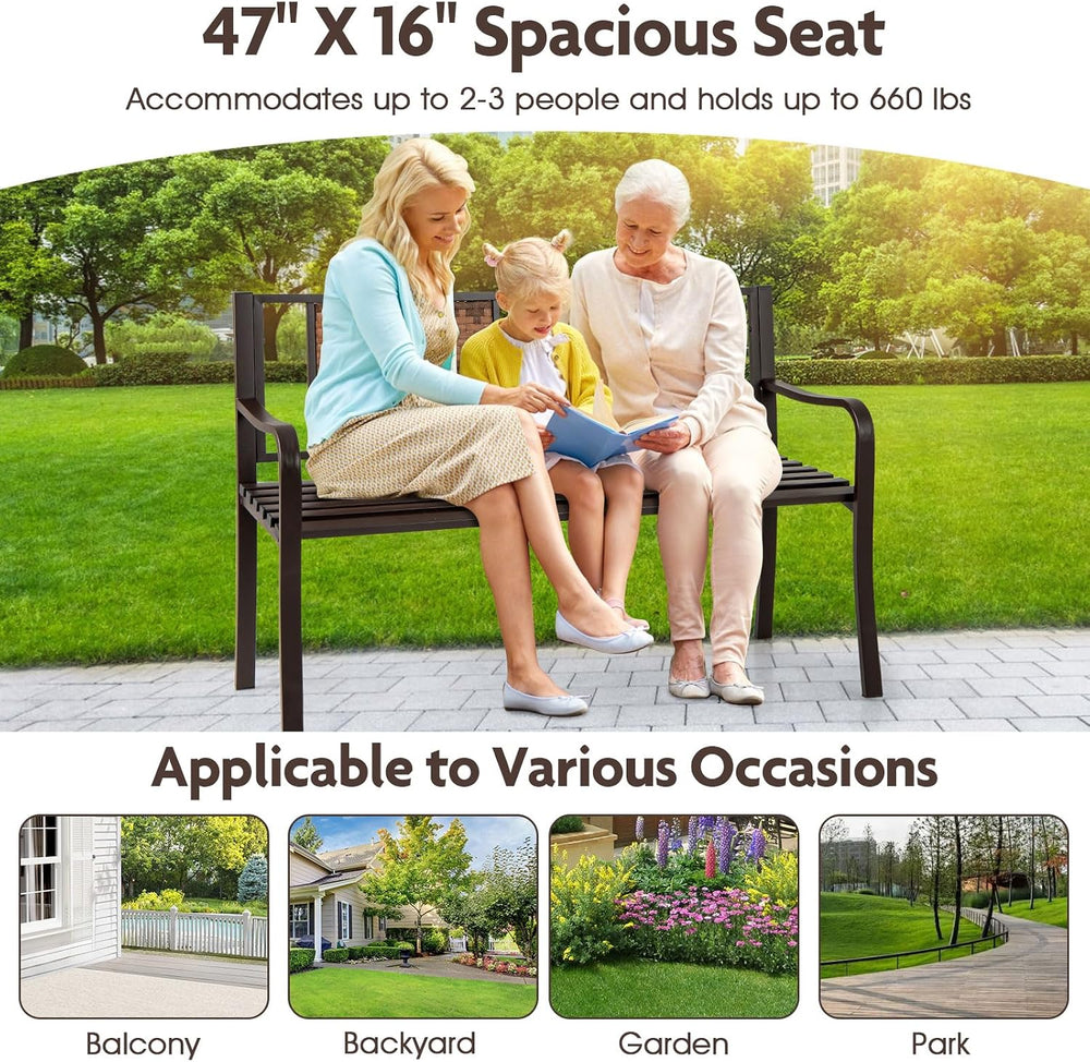 GIANTEX Outdoor Bench with PE Rattan Backrest, Curved Armrests, Slatted Seat ...