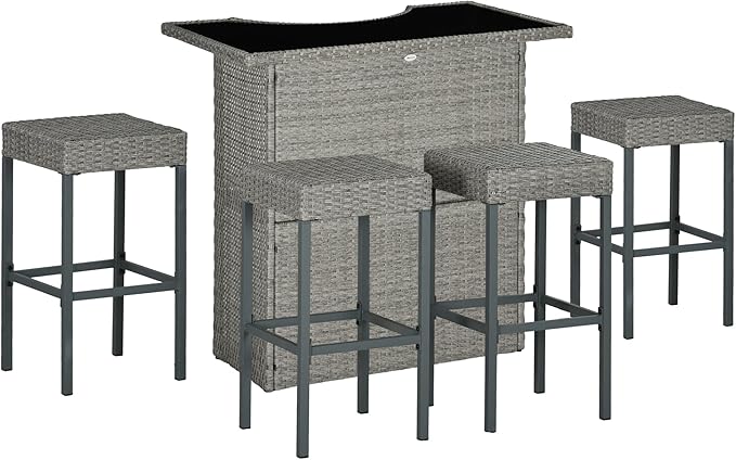 Outsunny 5 Piece Wicker Outdoor Bar Set, High Top Outdoor Table and Chairs, B...