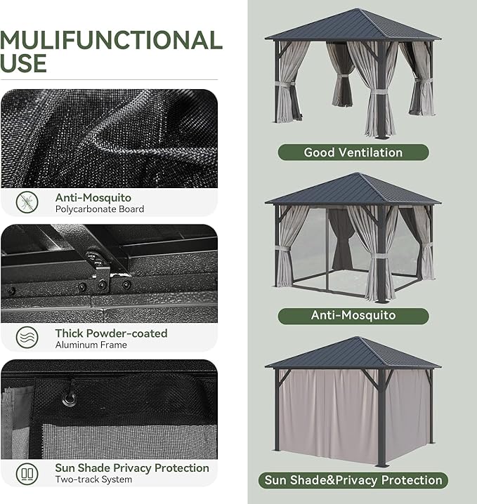 Aoxun Hardtop Gazebo 10x10, Aluminum Frame Canopy with Galvanized Steel Roof,...