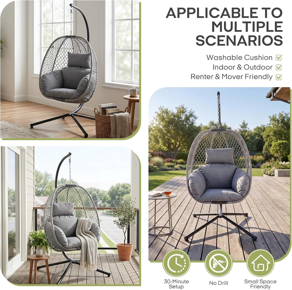 Outdoor Egg Hanging Chair with Stand, Honeycomb Wicker Swing Chair for Patio,...