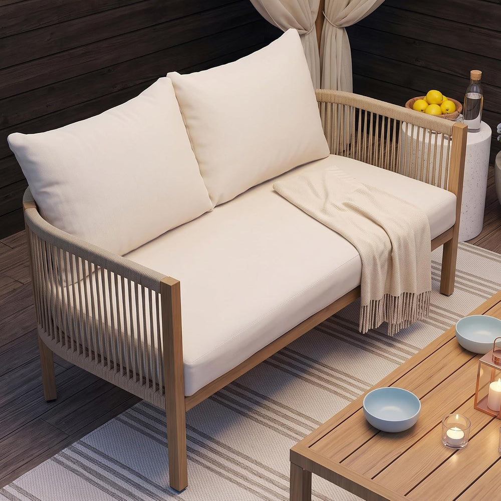 Wicker Patio Sofa Furniture Outdoor Loveseat Balcony Couch, Beige
