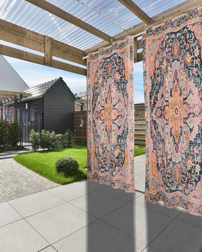 Rustic Boho Outdoor Curtains for Patio Waterproof, Grommet Privacy Curtain Dr...