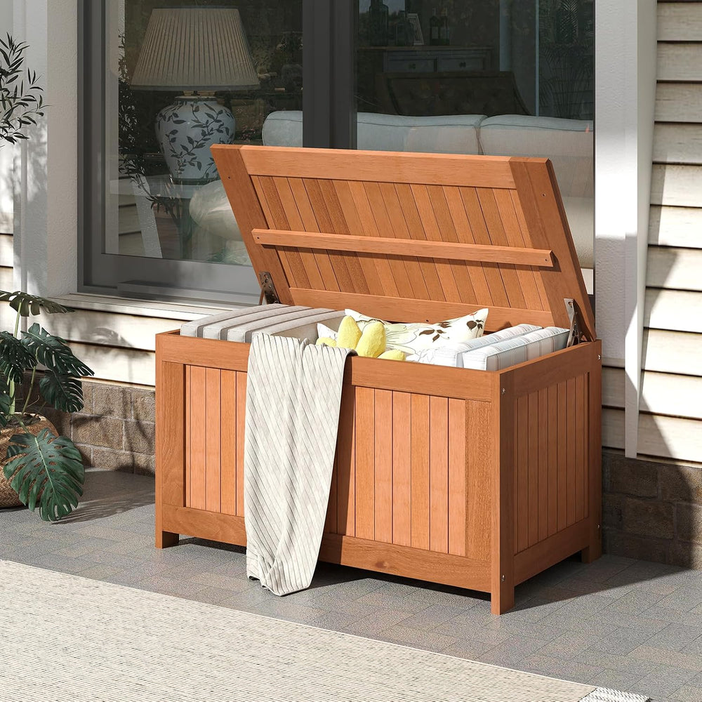 HAPPYGRILL Outdoor Wood Deck Box with Flip Top, Patio Storage Bench for Garde...