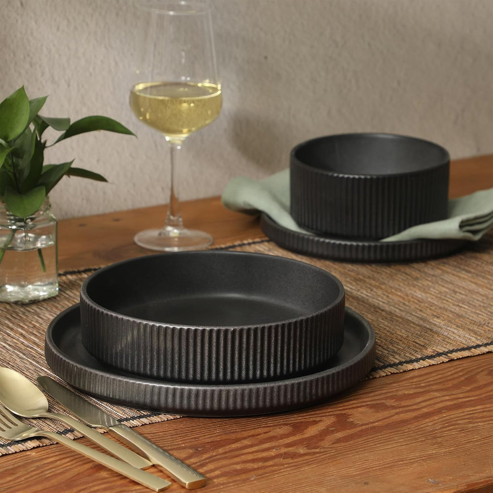 Gibson Elite Deerfield 16-Piece Stoneware Dinnerware Set – Matte Black Reacti...