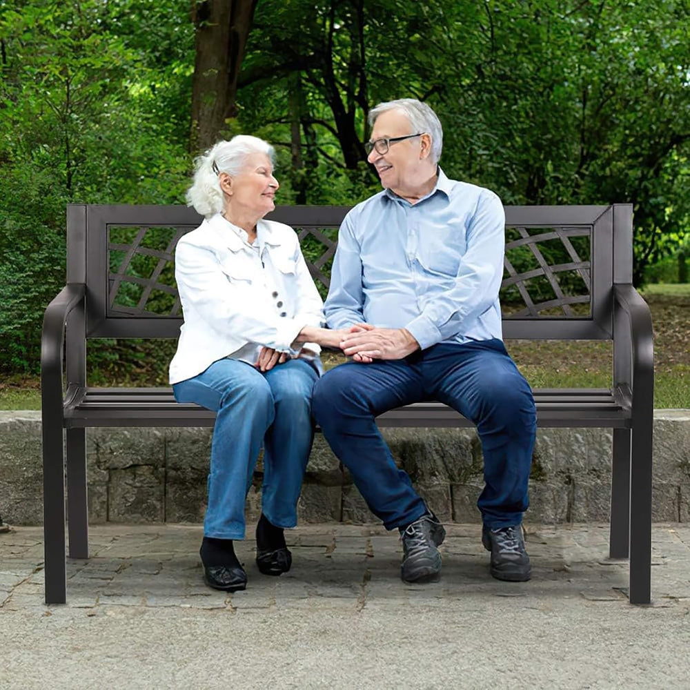 Outdoor Garden Bench, Iron Steel Frame Patio Bench with Mesh Pattern and Plas...